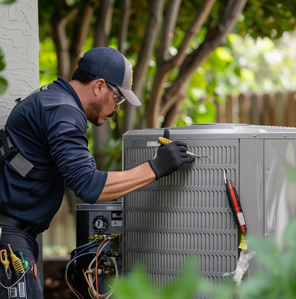 A technician wearing gloves and safety glasses uses a screwdriver to service an outdoor air conditioning unit surrounded by greenery.