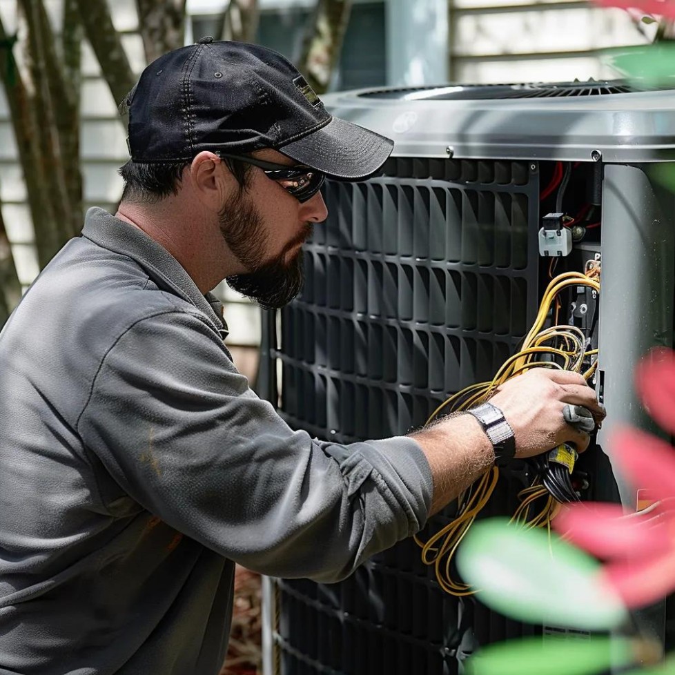 A technician wearing a cap and sunglasses is servicing an outdoor air conditioning unit, working with exposed wires.