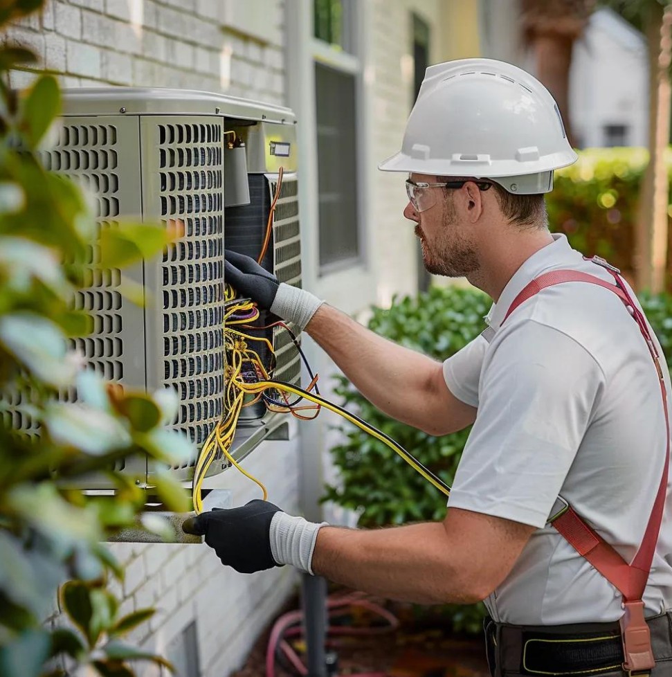 A technician wearing safety gear inspects and repairs wiring on an outdoor air conditioning unit beside a brick house.