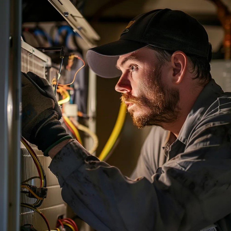 A man wearing a cap and gloves works intently on electrical wiring inside a metal panel, illuminated by a focused light source.