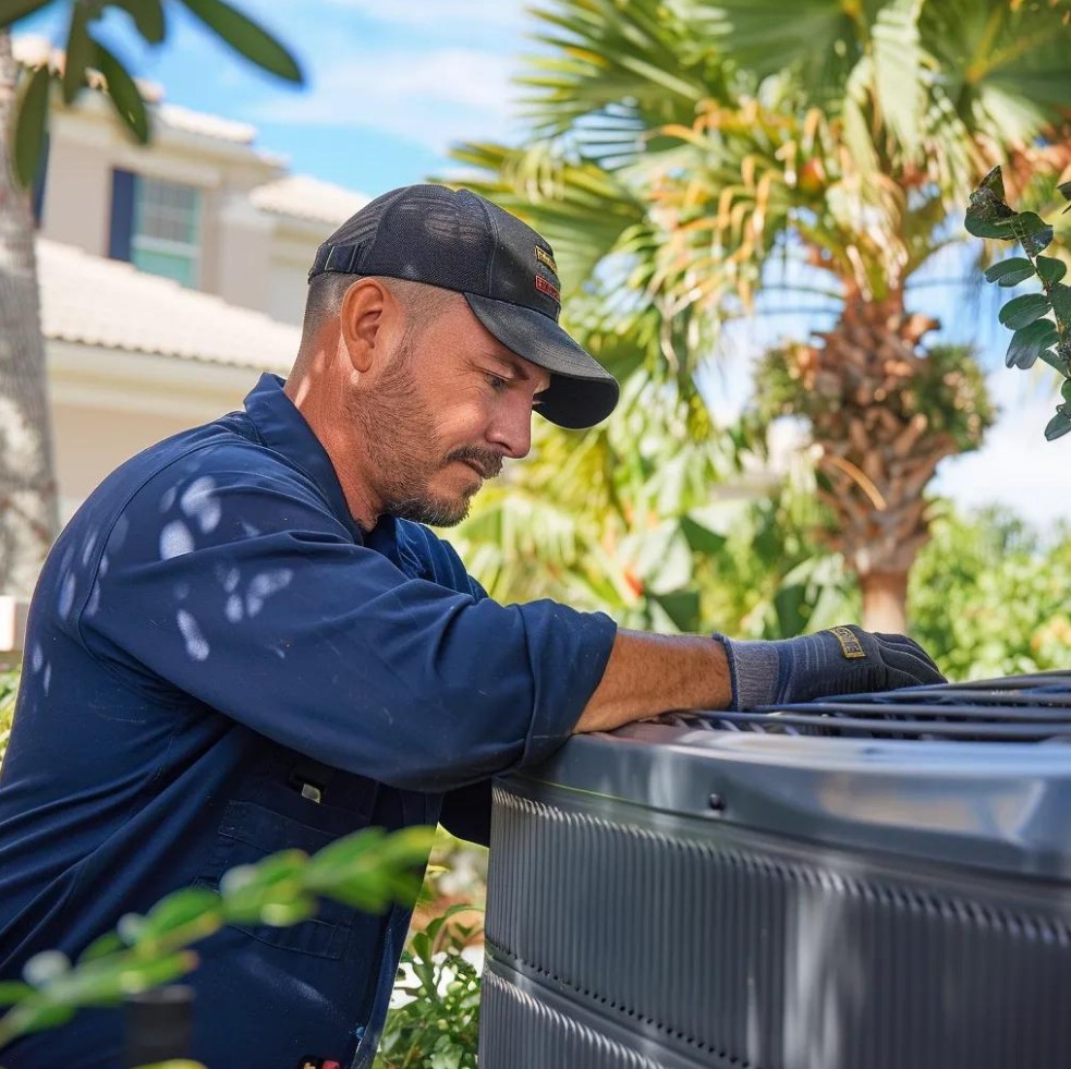 A man in work clothes and gloves services an outdoor air conditioning unit next to a house with tropical landscaping.