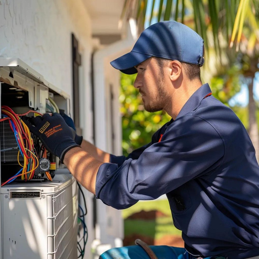 A technician in a blue uniform and cap is inspecting and repairing an outdoor HVAC unit with exposed wires and tools during the day.