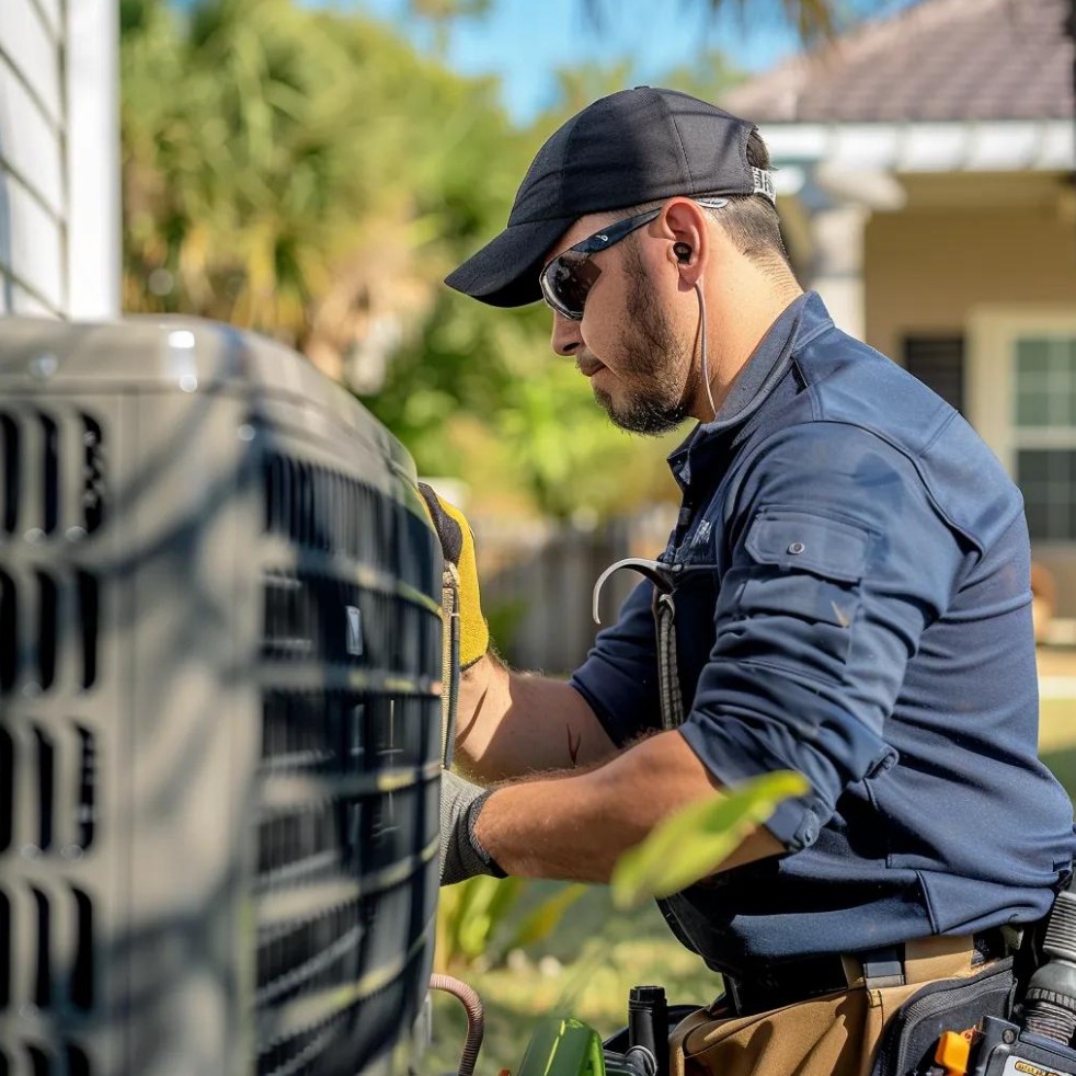 A technician wearing gloves, sunglasses, and a cap inspects or repairs an outdoor air conditioning unit near a house on a sunny day.