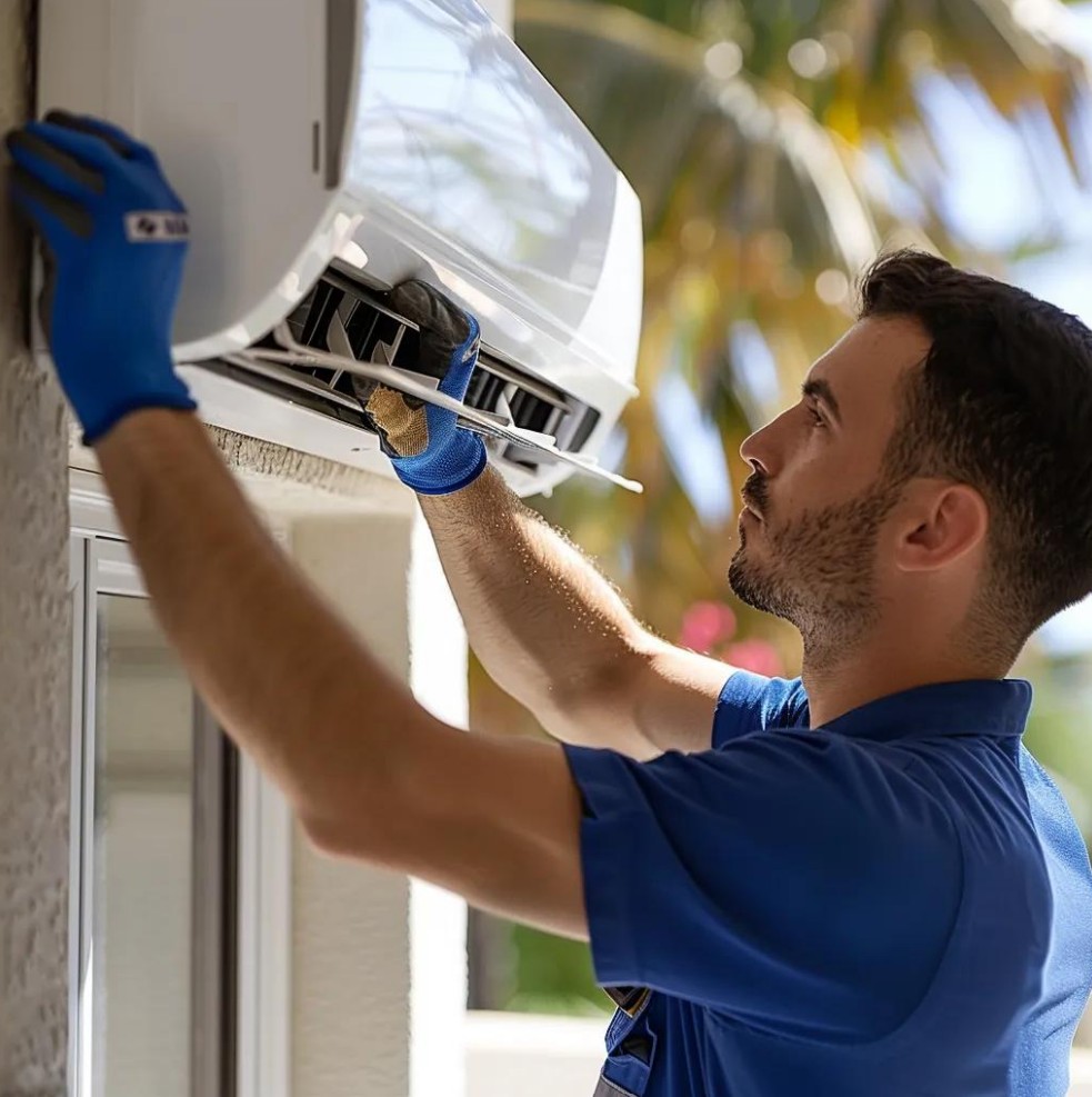 A technician wearing blue gloves and uniform inspects or repairs a wall-mounted air conditioning unit outdoors.