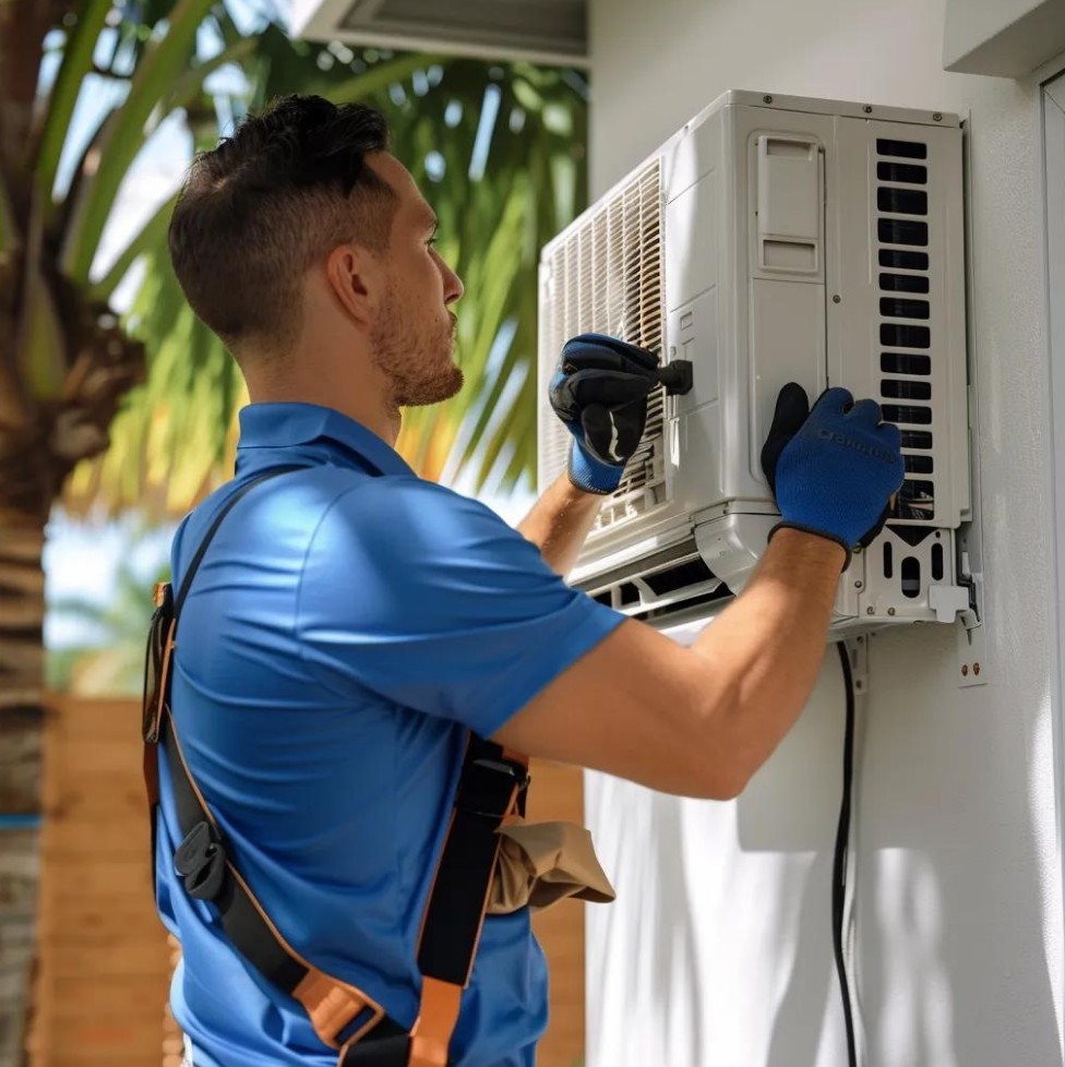 A technician in a blue shirt and gloves repairs an exterior wall-mounted AC unit, ensuring efficient cooling, with palm trees and sunlight visible in the background.
