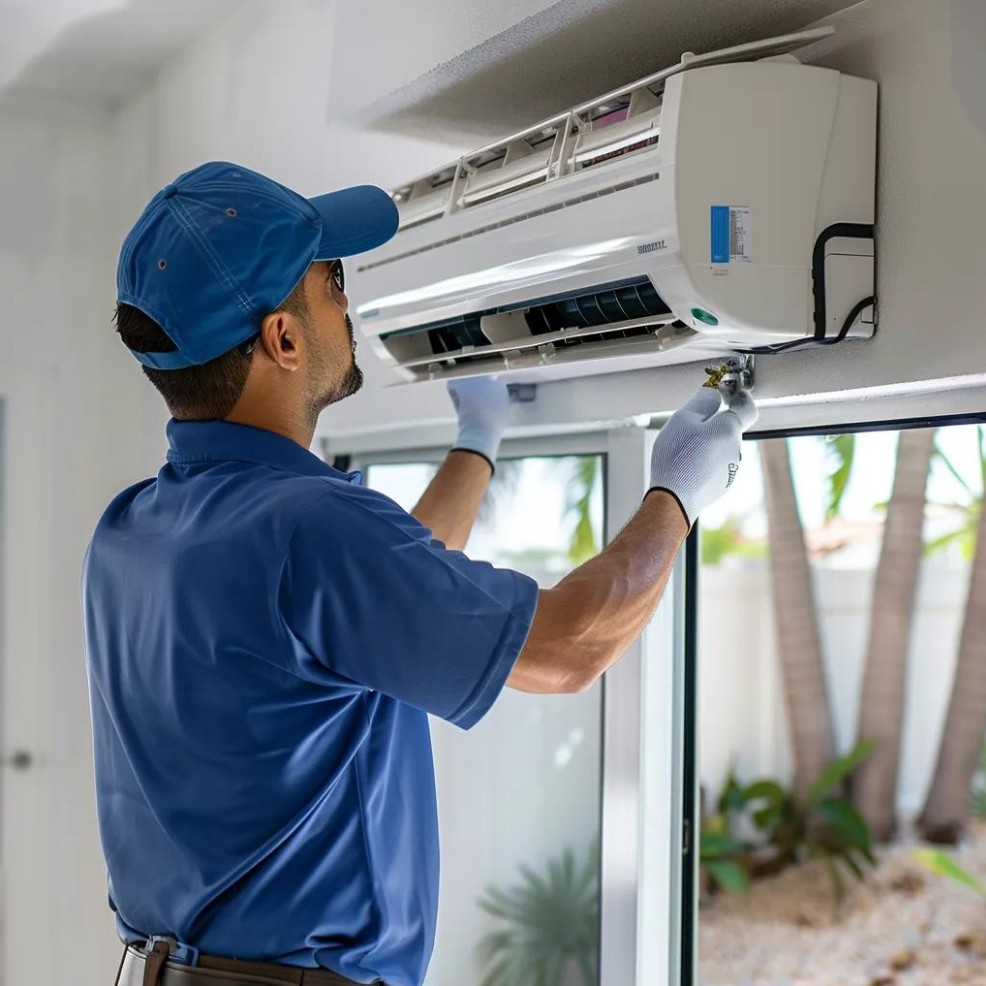 A technician in blue uniform and gloves is servicing a wall-mounted air conditioning unit inside a room with large windows.