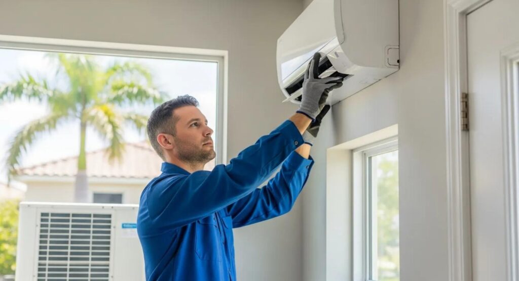 A man in a blue uniform inspects or repairs a wall-mounted air conditioning unit in a bright room with large windows.