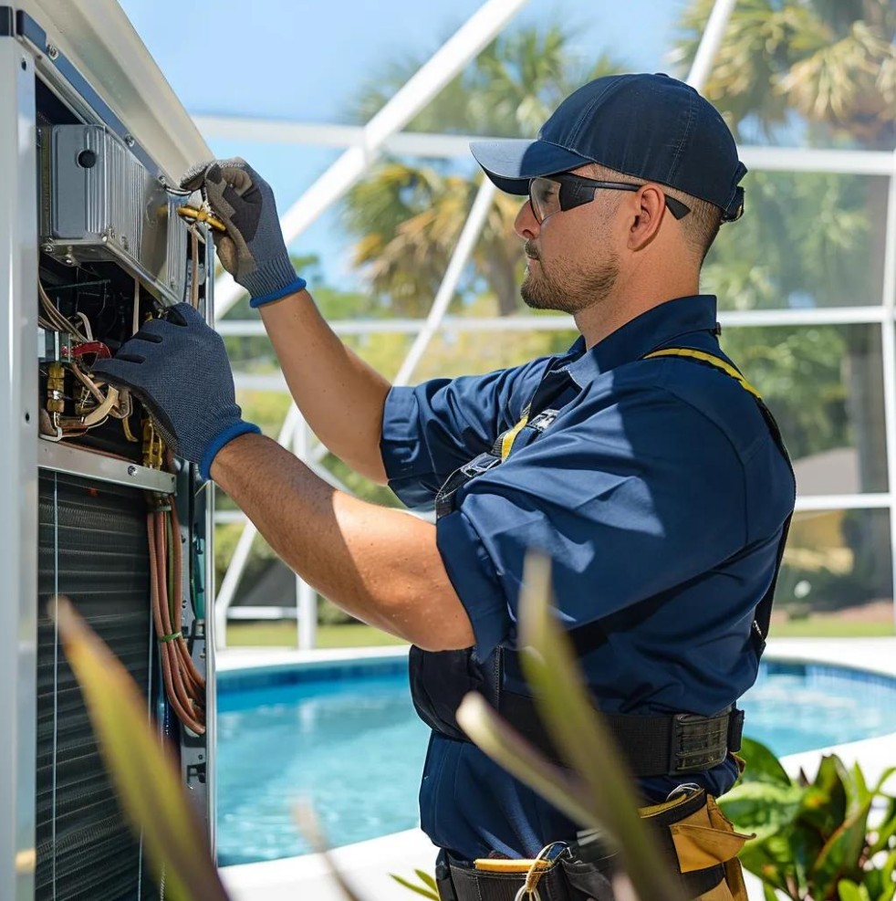 A technician in uniform and gloves repairs an outdoor air conditioning unit near a pool on a sunny day.