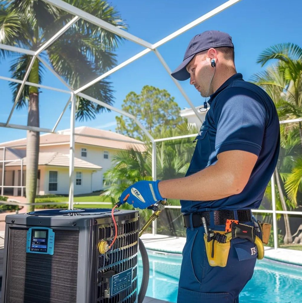 A technician in uniform services an outdoor air conditioning unit by a pool, using tools and gauges, with houses and palm trees in the background.