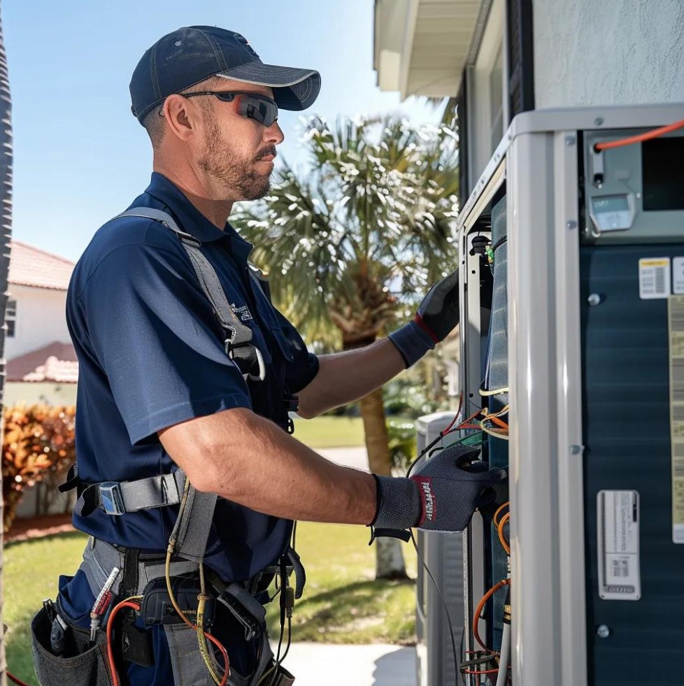 A technician in safety gear checks wiring in an outdoor HVAC unit on a sunny day, with palm trees and houses in the background.