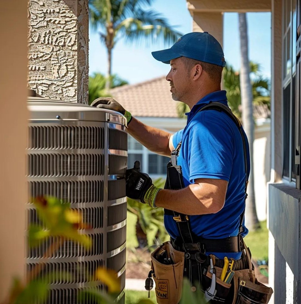 A technician in a blue shirt and cap inspects an outdoor air conditioning unit next to a house on a sunny day.