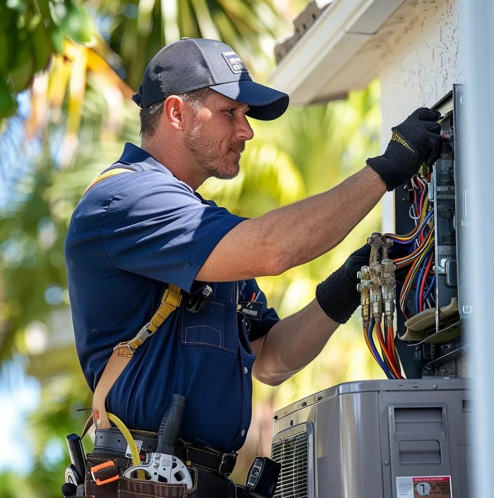 A technician in uniform and gloves works on the wiring inside an outdoor electrical panel next to an HVAC unit. Tools are attached to his belt. Trees are visible in the background.